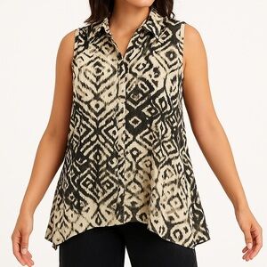 Tunic Tank Top with a V-Neck Collar Bold Ikat 80’s Statement Top White Black L